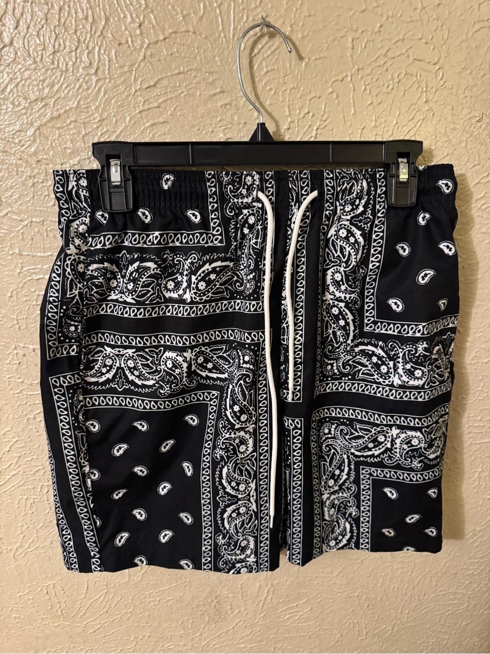 Black Bandana-Print Athletic Swim Shorts with Drawstring